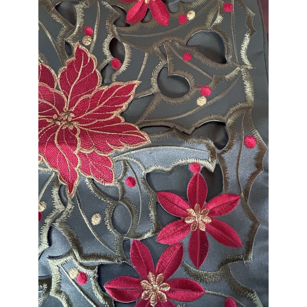 Poinsettia Cutout Embroidery Pillow Cover 16" x 16" Green Red Gold Holiday - Picture 3 of 7